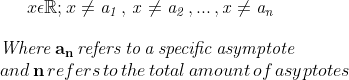 The general formula by which the domain of a rational function will be written. A rational function exists for all values of x, excluding the asymptotes.