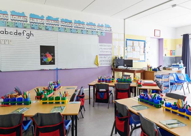 empty elementary classroom with tables
