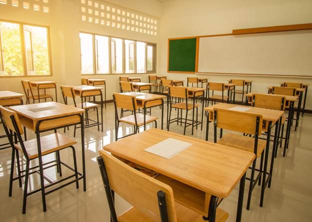 Elementary school classroom with individual desks