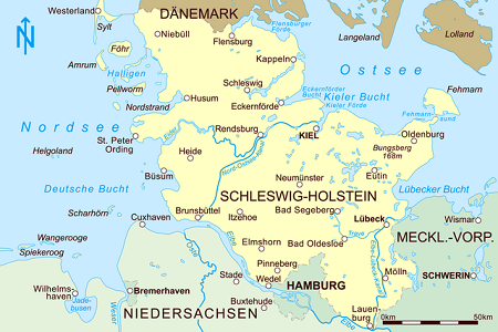 Image of a map of the Schleswig-Holstein region with cities and places named
