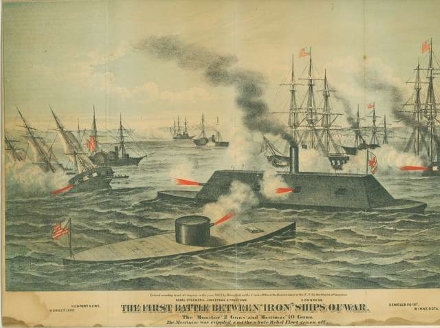 Illustration of multiple ships in water with fire and smoke
